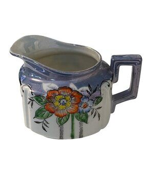 Vintage Japan Blue Lusterware Creamer Floral Pitcher Art Deco Handle Iridescent
